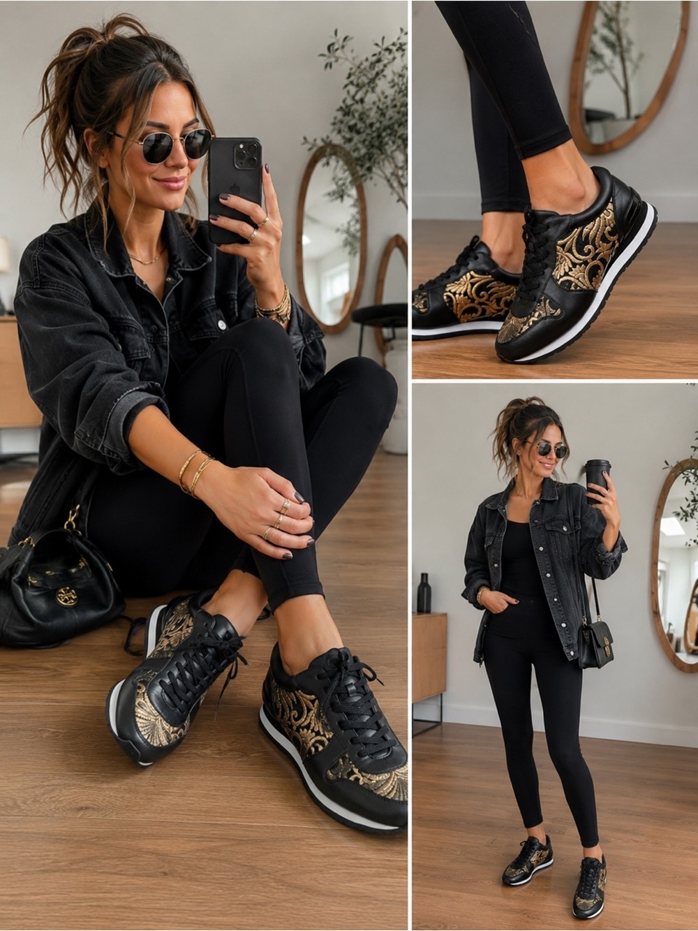 Tory Burch Leather Black and Gold Embroidered Sneakers Rare Pair ❤️
